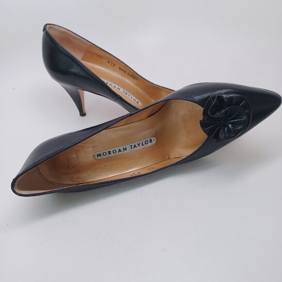Morgan Taylor Heels Black Leather Rosette Point Toe Classic Vintage Womens 8.5 - Picture 6 of 16